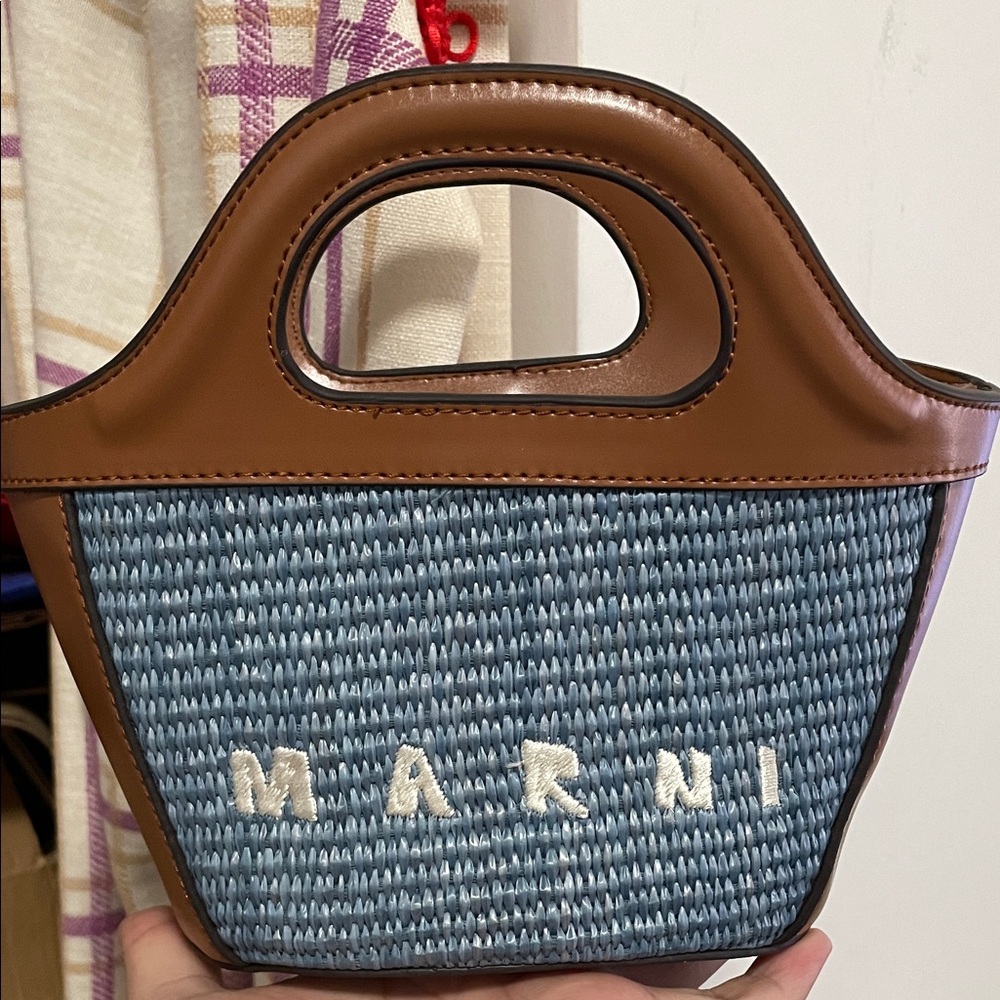 Marni Blue Woven Mini Tote with Brown Leather Trim